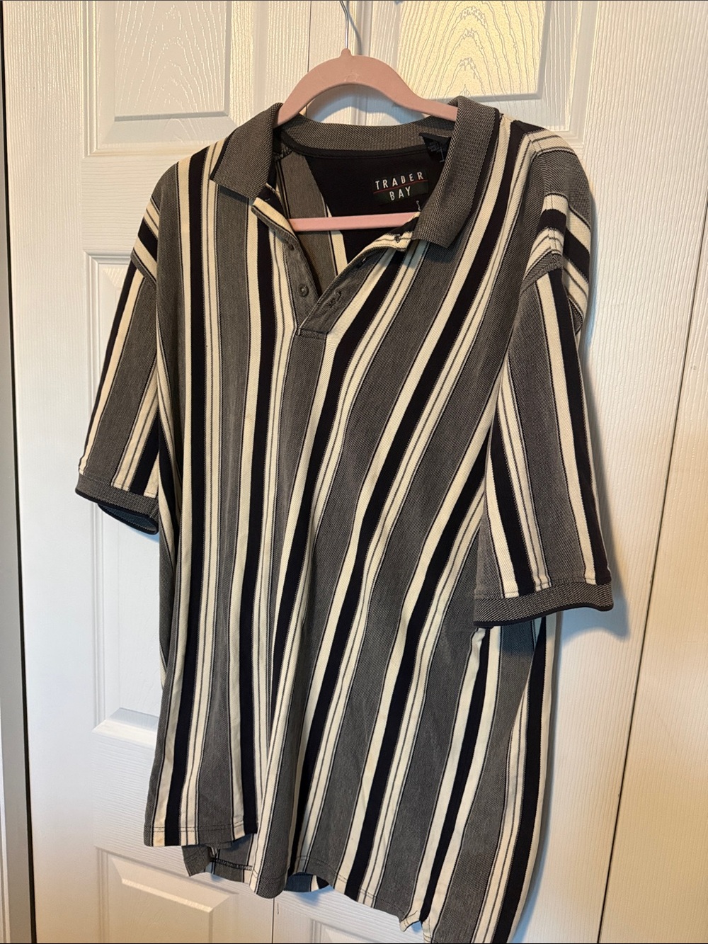 Trader Bay Gray, Black & White Striped Polo Shirt